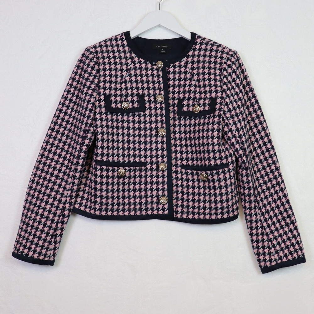 ANN TAYLOR Petite Pink Navy Houndstooth Tweed Collarless Blazer, Size 8P